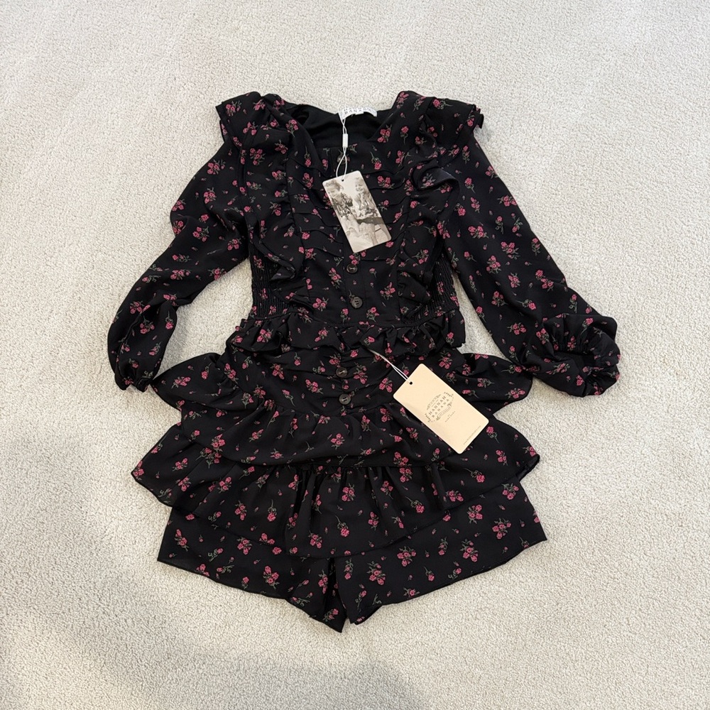 Hannah Banana Floral Print Ruffle Blouse and Skort